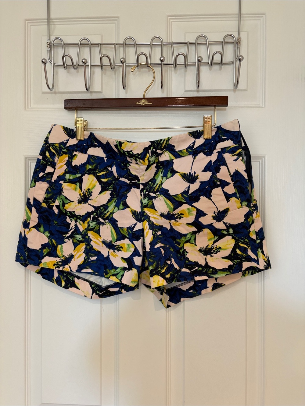 J. Crew Pink Floral Shorts with Navy & Yellow Accents